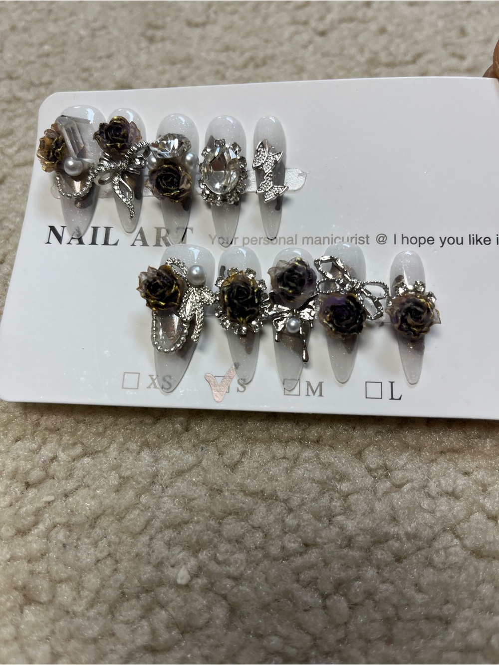 White Ombre Press-On Nail Set with Brown Rose & Silver Accents